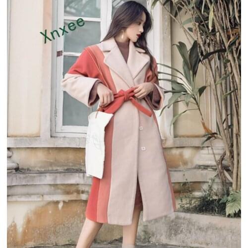 Xnxee Oversize Women Outerwear 2019 Runway Autumn Winter Wool Tweed Patchwork Bow Casual Turn Down Collar Loose Wool Coats