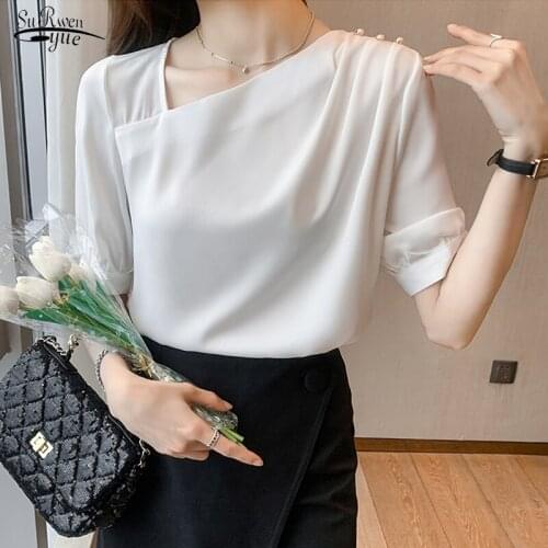 2021 Summer Elegant Chiffon Blouse White Summer Women Shirts Chic Office Solid Color Fashion Womens Clothing Blusas Mujer 15048
