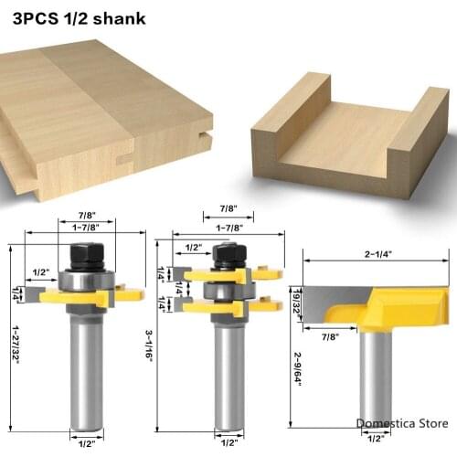 3 Piece Set 1/2 Handle 12MM Shank Three-Tooth T-Type Tenon Knife Clear Bottom Knifes Large Diameter Slotting knife Home Tools