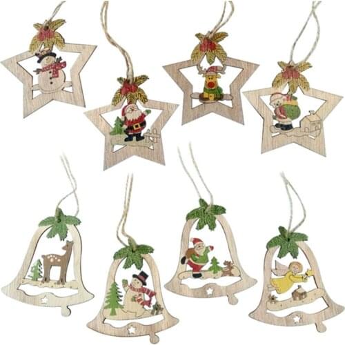 4PCS/setStar Printed Wooden Pendants Ornaments Xmas Tree Ornament DIY Wood Crafts Kids Gift for Home Christmas Party Decorations