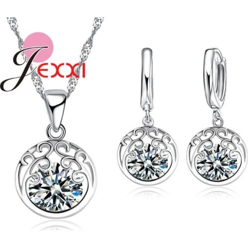 Promotion Fashion Vintage Hollow Out Silver Wedding Bridal Jewelry Set For Women Round Crystal Sets
