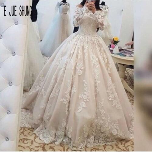 E JUE SHUNG Latest Ball Gown Wedding Dresses Boat Neck Long Sleeve Lace Up Back Bride Wedding Gowns mariage robe de mariee