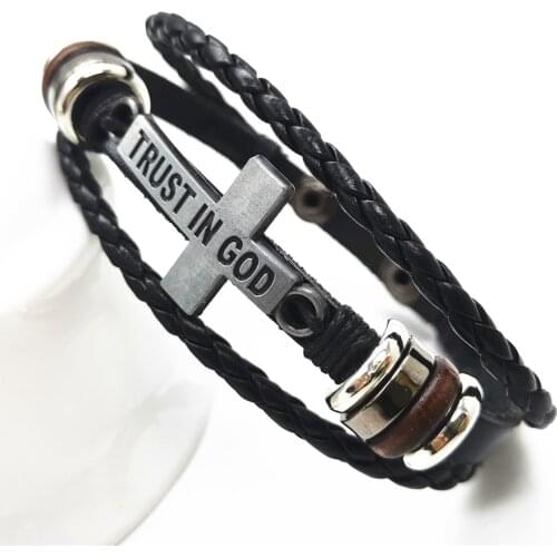Trust In God Taichi Skull Cross Retro Vintage Punk Alloy Charm Cuff Men Leather Bracelets For Women Men Male Jewelry Wholesale