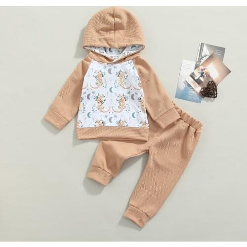 2Pcs Autumn Little Girls Boys Outfit Toddlers Leopard Plant Printing Long Sleeve Hooded Tops + Solid Color Long Pants Set