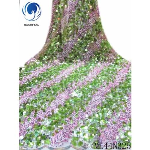 Beautifical Nigerian lace fabrics Top quality african tulle lace with sequins for dress 5yards net lace fabric ML44N325