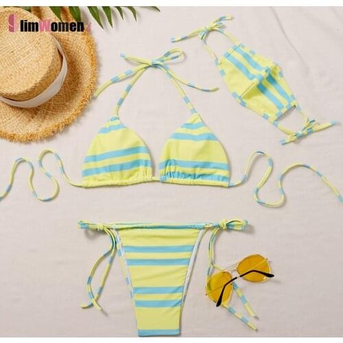Swimsuit Women 3 Piece with Mask 2021 Sexy Rainbow Stripes Tie Dye Bra Thong Summer Women Micro Bikini Set Beach Bathing Suit