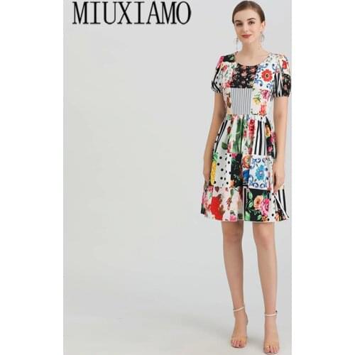 MIUXIMAO 2021 Summer New Fashion O-Neck Short Sleeve Patchwork Print Waist Slim Dress Casual Office Lady Style