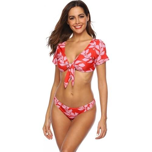 New Floral Split Swimsuit Women Buttoned Chest Half Sleeve Digital Print 2021 European and American Beach Swimsuit Bikini Set