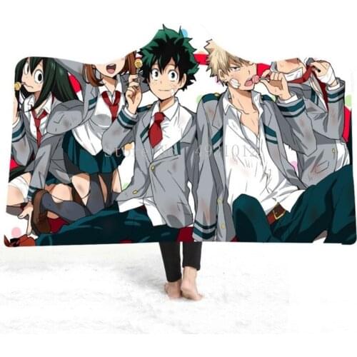 Anime My Hero Academia Hooded Blanket Sherpa Fleece Comic Cartoon Character Winter Warm Sofa Travel Blanket for Reading Kid Gift