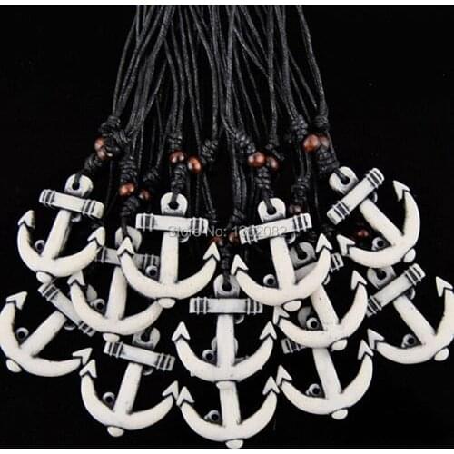 Wholesale lots 12pcs Navy Style Sailor White Yak Bone Carved Anchor Pendant Necklace Choker Men Womens Gift MN522
