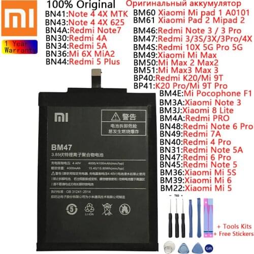 Original Xiaomi Battery For Redmi Note 3 4 4X 5 5A 6 Pro 7 3 3S 3X 4A 5 Plus K20 Pro 5S 6 6X 9T Pro Max 2 3 Lite batteries