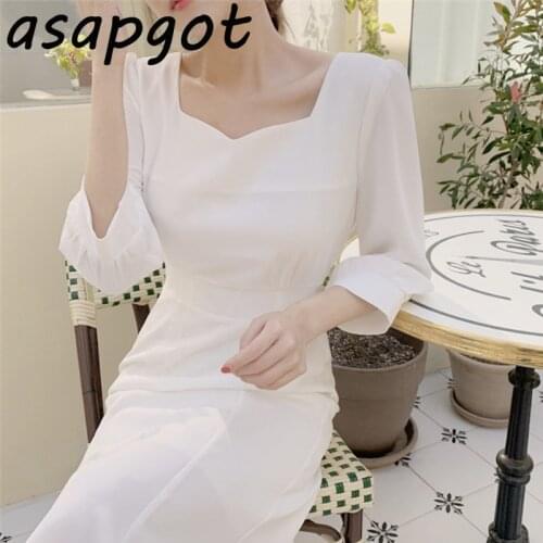 Chic Vintage Gentle Mid-length Slim Waist Temperament Square Collar Mermaid White Dress New Elegant Vestido De Mujer Puff Sleeve