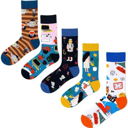 Colorful Men Socks Cotton Funny Crew Socks Cartoon Cat Watering Teacup Sheep Modern Happy Life Women Socks Novelty Gift Sock