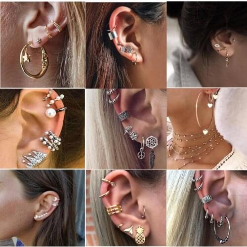 Bohemian Crystal Circle Stars Flower Earrings Set for Women Ear Jewelry Stud Earrings