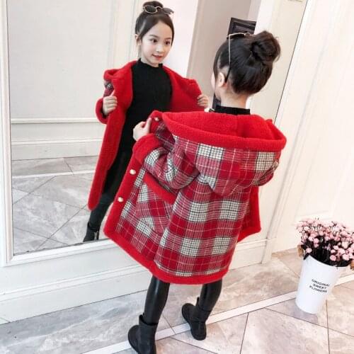 Girls woolen coat autumn and winter plus velvet thickening girl fashion big boy net red plaid plush coat trend