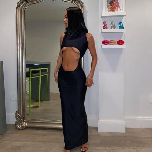 WJFZQM Sexy Hollow Out Long Maxi Dress Sleeveless Woman Party Night Club Slim Black Dress Elegant Bodycon Sexy Party Streetwear