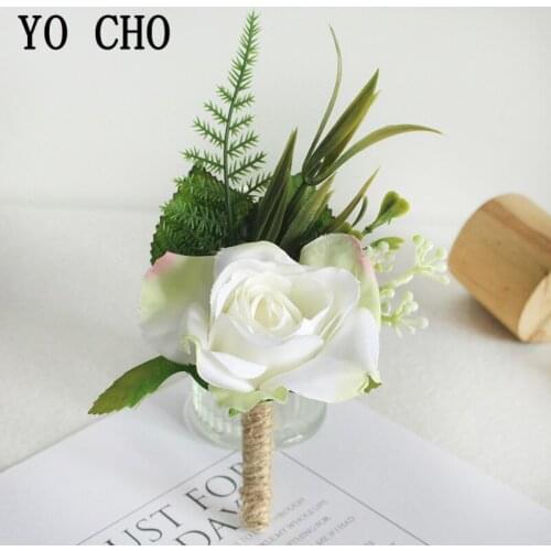 YO CHO White Silk Rose Groom Boutonniere Wrist Corsage Bracelet Bridesmaids Flower Wedding Groomsmen Boutonniere Buttonhole Prom