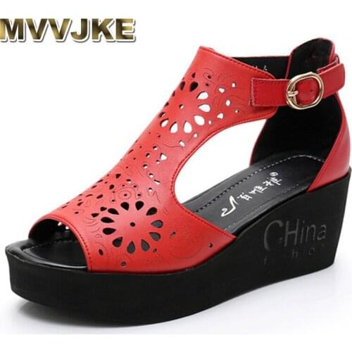 MVVJKE 2020 New Hollow Out Genuine Leather Sandals Women Shoes Wedge Platform Sandals Summer Shoes Woman Fashion Casual Sandals