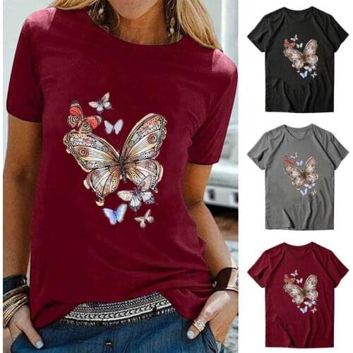Women Tops Shirt Women Casual Loose Butterfly Print Black O-Neck Short Sleeve Summer 2021 Female T-shirt