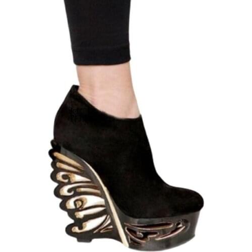 Black Suede Strange Style Hollow Out Heels Platform Thick Sole Ankle Boots Woman 14 cm Wedge Heel Round Toe Zipper Side Booties