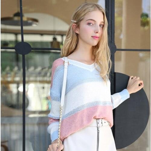 Woman Sweaters Hollow Rainbow Stripes Knitted Thin Bright Silk V-Neck Pullover Sweater 2021 Autumn Casual Cute Plus Size Jumpers