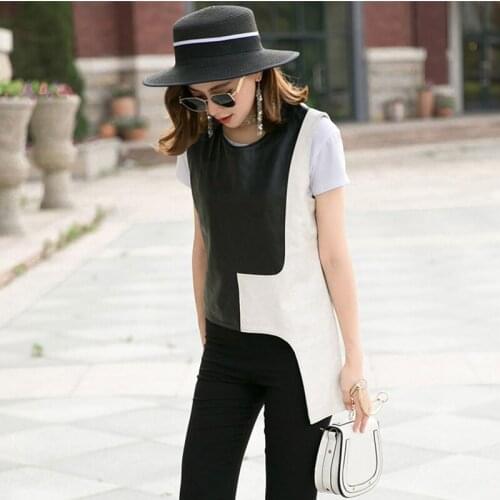 2020 Fashion Real Vest Women Black White Slim Irregular Sheepskin Pullover Tops Genuine Leather Tanks Waistcoats Ladies