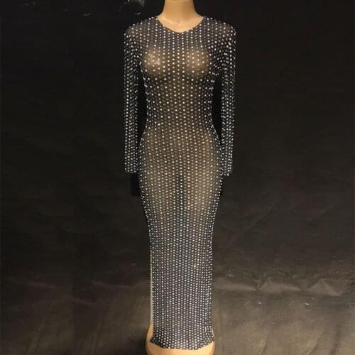 Women 2 Colors Sexy Stage Net Yarn Dress Pearls Silver Bling Sparkling Crystals Nightclub Party Stage Wear Singer Dance Costumes