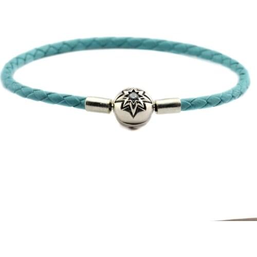 100% 925 Sterling-Silver-Jewelry Ocean Blue Clasp Leather Bracelets Free Shipping