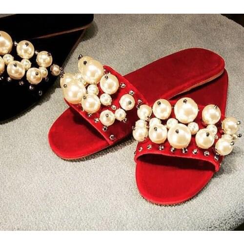 2018 Hot Sale Rivets Pearl Embellished Slippers Laides Wedding Party Summer Dress Shoes Open Toe Flat Slides Women Wholesale