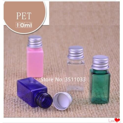 50PCS 10ML Square Empty Liquid Refillable Plastic Bottle Portable Cosmetic Toner Container Bottle With Aluminium Cap Pink Green
