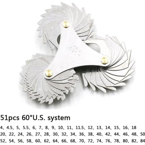 51PC Screw Gauge US Screw Pitch Steel Thread Blades 60 Degree Gauge Range 4-84 inch Thread Gauge Triangle Head Measuring Tools