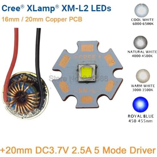 CREE XML2 XM-L2 T6 10W Cool White Neutral White Warm White High Power LED Emitter 20mm Copper PCB + 12V Input 20mm 5 Mode Driver