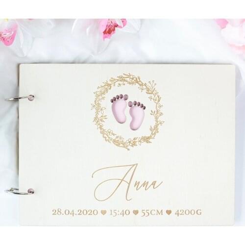 Baby Wooden Memory Album, Personalized Baby Shower Photo Album Gift for Baptism, Birthday, Pink for Baby Girl