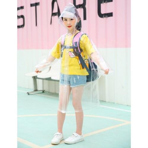 Children Transparent Long Raincoat Kids Clear Rain Coat with Hood and Backpack Position For Girls Boys