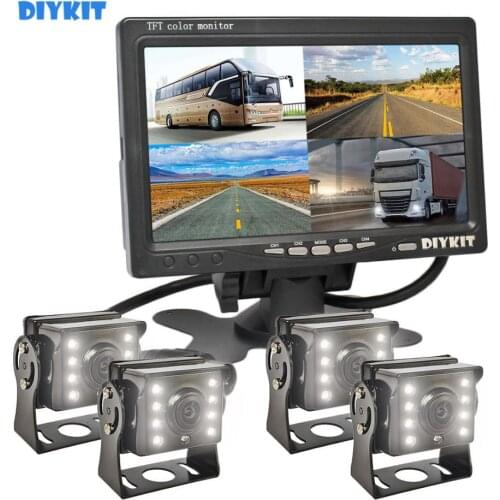 DIYKIT 7" TFT LCD 4 Split QUAD Rear View Monitor Car Monitor + CCD IR Night Vision Rear View LED HD Camera for Truck Bus RV
