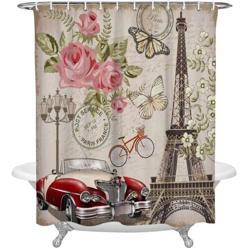 Eiffel Tower Flowers Car Bike Retro Style Bathroom Shower Curtain Polyester Fabric Waterproof Shower Curtains with Hooks