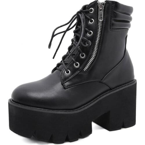 FANAN Womens Military Combat Boots Goth Black Platform Chunky High Heel Motorcycle Booties Winter Lace up Round Toe Ankle Boots