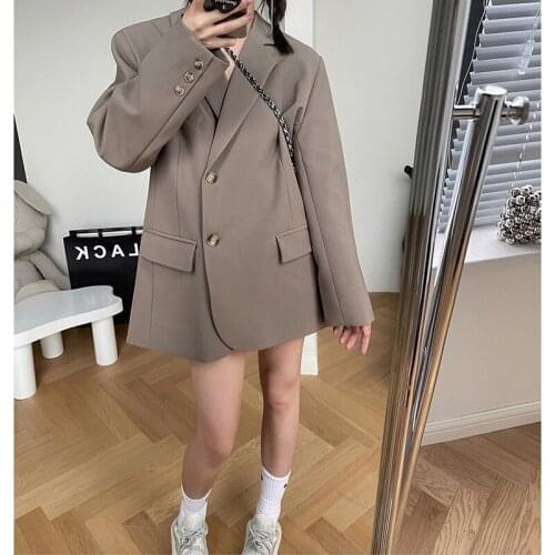 HXJJP Women Fashion Single-Breasted Loose Fitting Blazer Coat Vintage Long Sleeve Pockets Female Outerwear Chic Tops