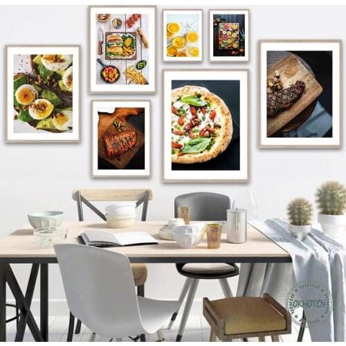 Steak Hamburger Pizza Tomato Egg Bento Yogurt Cereal Canvas Painting Nordic Food Posters and Prints Wall Art Picture for Kitchen