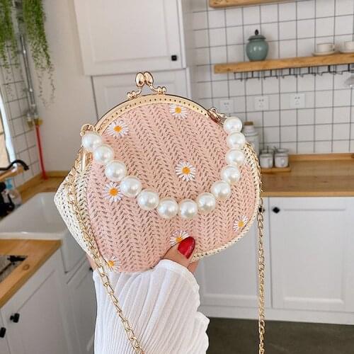 Fashion Straw Woven Bag Women Chain Shoulder Crossbody Bags Small Daisy Pearl Handbag Summer Casual Handmade Rattan Shell Purse