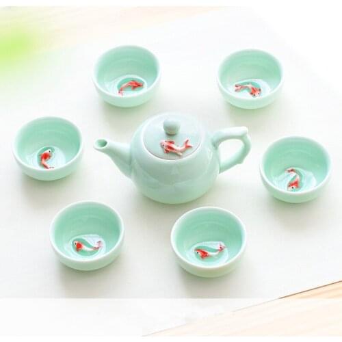 6pcs Kung Fu Tea Cup Set Celadon 3D Golden Fish China tea cups,Crackle Glaze Travel Tea Bowl Chinese Porcelain Teacup Set