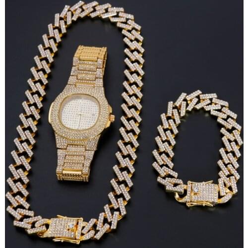 Necklace +Watch+Bracelet 3pcs kit Hip Hop Miami Curb Cuban Chain Gold Full Iced Out Paved Rhinestones CZ Bling Jewelry For Men
