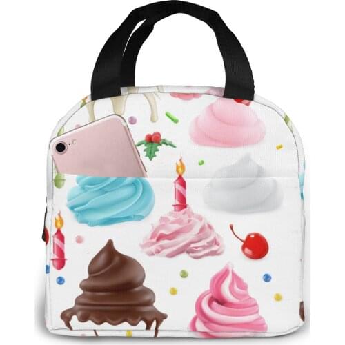 Cute Cupcakes Cooler Bag Portable Zipper Thermal Lunch Bag Convenient Lunch Box Tote Food Bag
