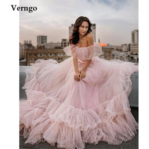 Verngo Off the Shoulder Light Pink Tulle Wedding Dress Simple Strapless Tiered Ruffles Princess Country Garden Bridal Dresses