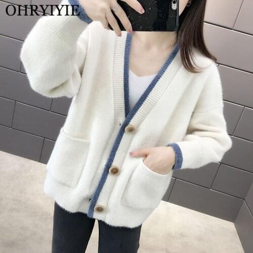 OHRYIYIE High Quality Autumn Winter Imitation Mink Cashmere Cardigan Sweater Women 2021 New Sweet Loose Long Sleeve Coat Female