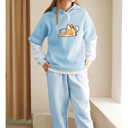 Women Hoodie with Corgi Dog Print Sweatshirt Kawaii Color Block Warm Plus Size Hoodies Drop Shoulder Thermal Cute Funny Clothes