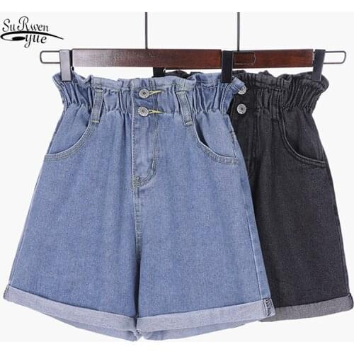 Plus Size Summer Womens Shorts Loose Elastic High-Waist Shorts Wide Leg Women Jeans Short Pants 2021 Women Denim Shorts 9511