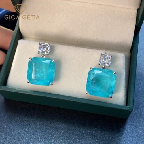 GICA GEMA Solid 925 Sterling Silver Fashion Paraiba Tourmaline Gemstone Drop Earrings Sparkling High Carbon Diamond Fine Jewelry