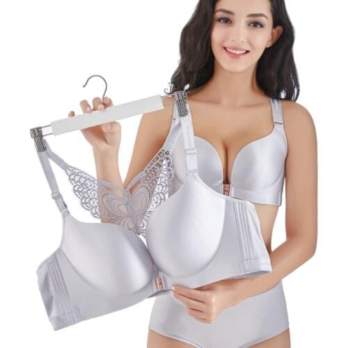 Women Bra Underwear Sexy Lingerie Butterfly Lace Brassiere Solid Color Front Closure Wireless Push Up Breathable Bra Large Size