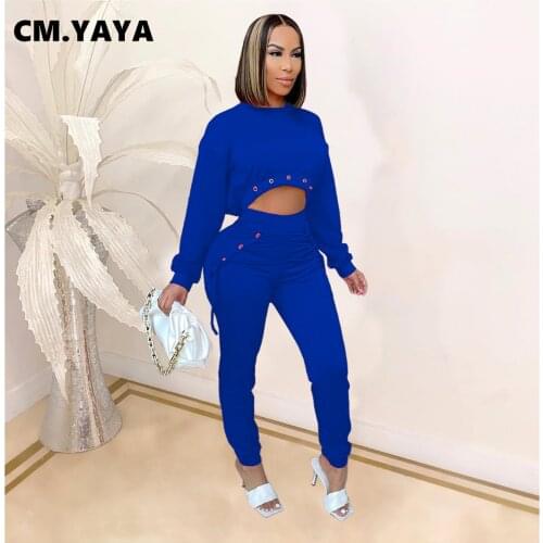 CM.YAYA Women Set Solid Full Sleeve O-neck Crop Tops Bandage Pencil Pants Two 2 Piece Sets Active Tracksuit Summer Outfits 2021